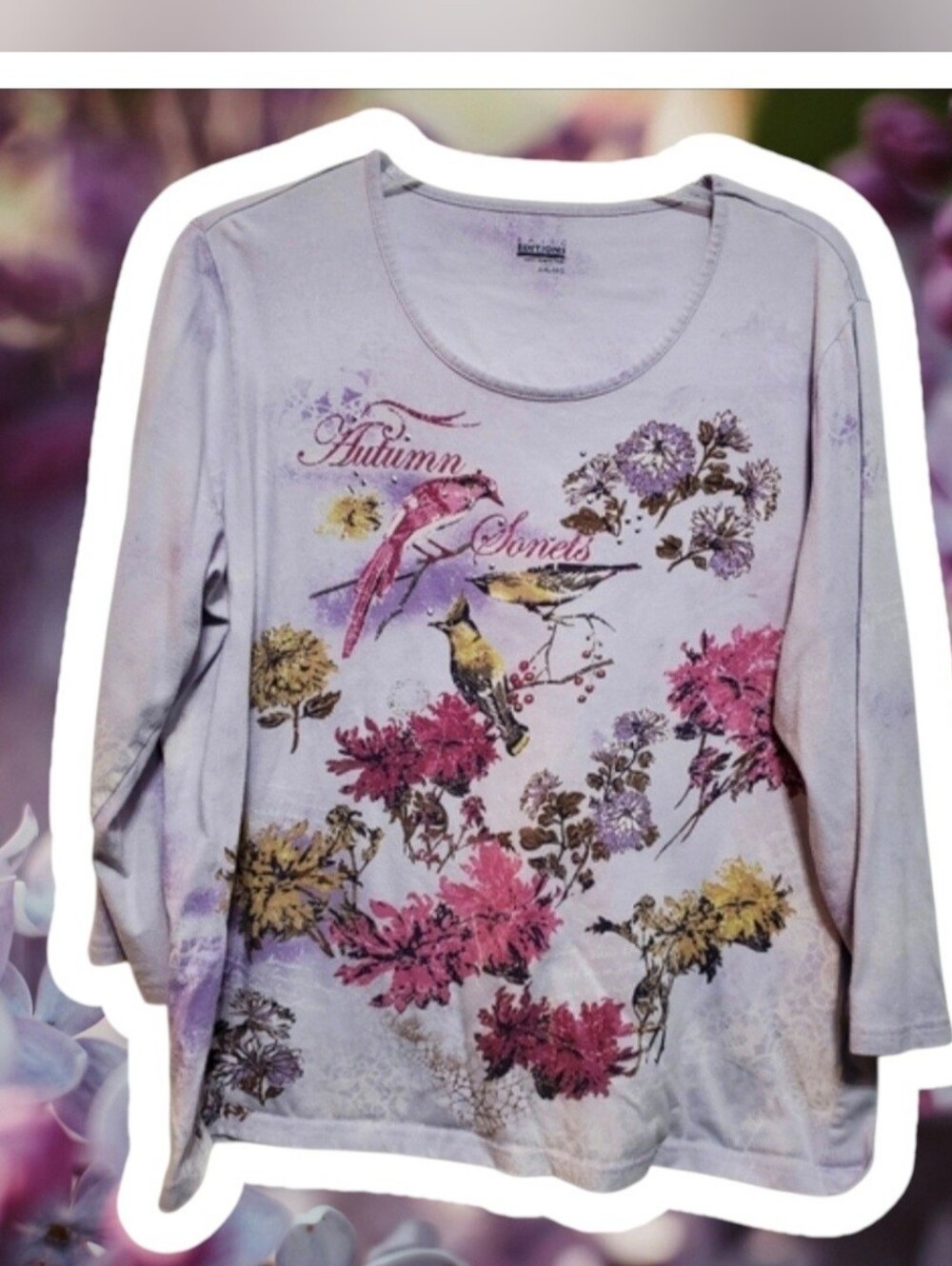 Basic Editions Purple T-Shirt Top with Birds & Flowers
